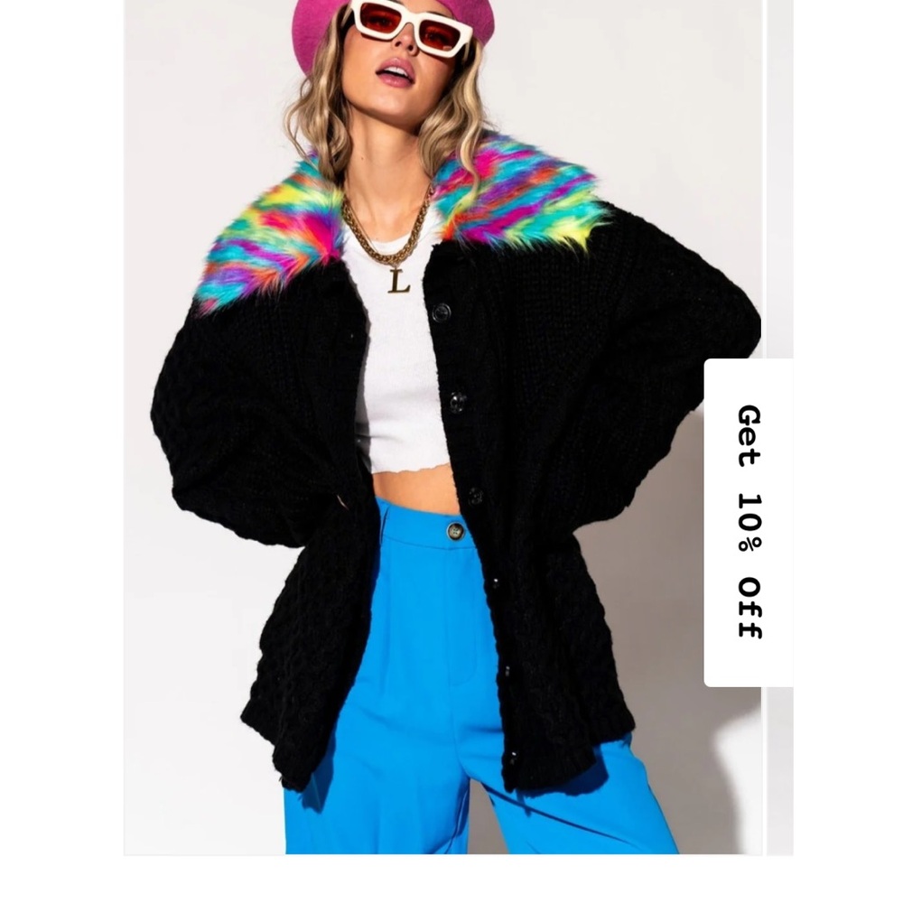 Dressed in LALA Black Cardigan with Rainbow Faux Fur Collar